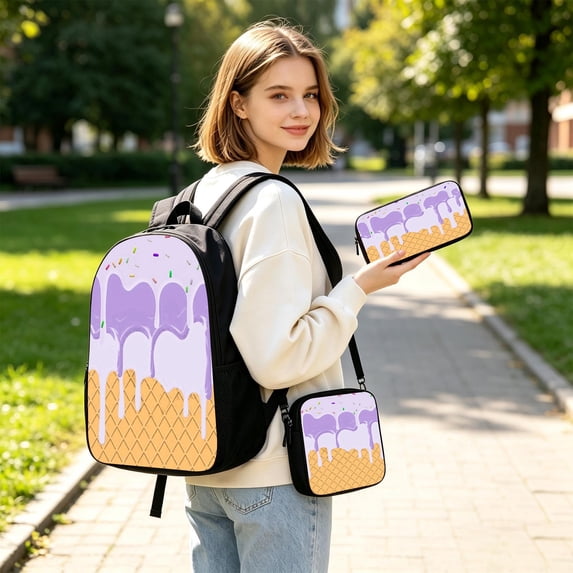 Womens Cute Ice Cream 3 Piece Set Sweet College Backpack for School Back to School Backpack for Women