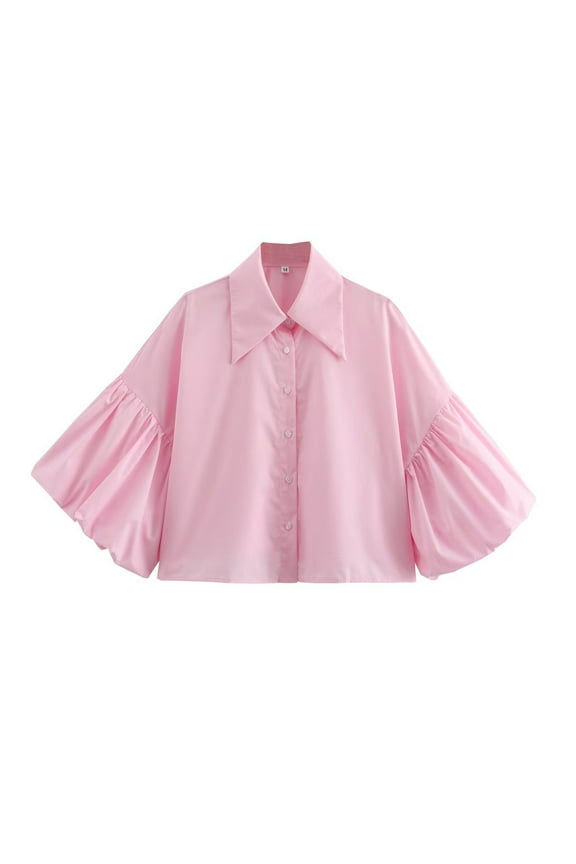 Womens Cute Lantern Sleeve Crop Tops Polo Collar Button Down Loose Tees Shirts Blouse