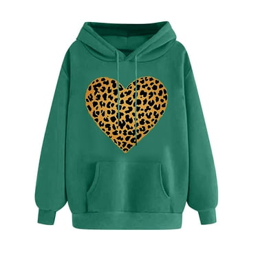 Womens Cute Leopard Heart Print Hoodie Valentine Casual Hooded Pullover Loose Fit Long Sleeve Sweatshirt with Drawstring