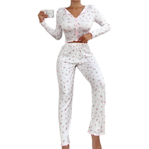 Womens Cute Long Sleeve Pajama Set Ribbed Top and Pants Sleepwear 2 Piece Pjs White M