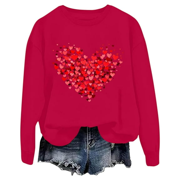 Womens Cute Love Heart Print Sweaters Round Neck Loose Fie Valentine Long Sleeve Pullover Tops
