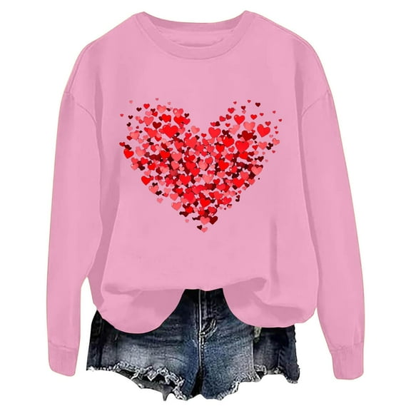 Womens Cute Love Heart Print Sweaters Round Neck Loose Fie Valentine Long Sleeve Pullover Tops