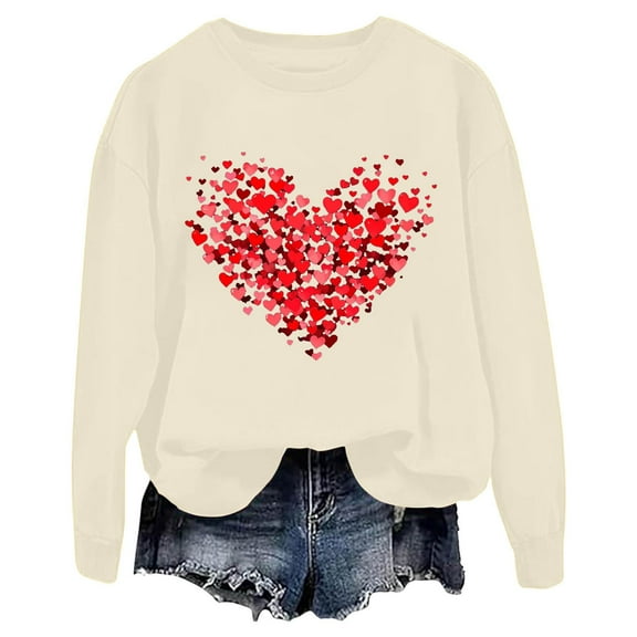 Womens Cute Love Heart Print Sweaters Round Neck Loose Fie Valentine Long Sleeve Pullover Tops