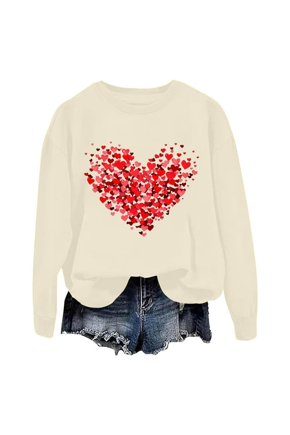 Womens Cute Love Heart Print Sweaters Round Neck Loose Fie Valentine Long Sleeve Pullover Tops