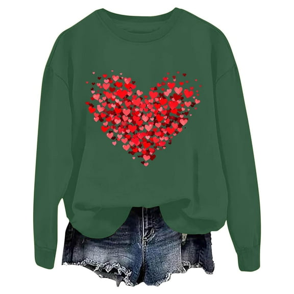 Womens Cute Love Heart Print Sweaters Round Neck Loose Fie Valentine Long Sleeve Pullover Tops