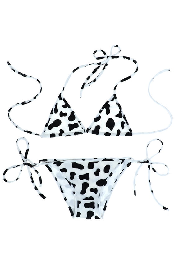 Womens Cute Milk Cow Print Bras and Tie Side String Thong Bikini Set 2 Piece Japanese Cosplay Underwear