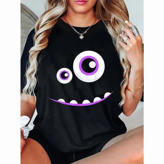 Womens Cute Monster Face Graphic Tees Adorable Cartoon - Themed Print T - shirts Comfortable Short Sleeve Casual Daily Wear Tops Perfect For Cartoon Lovers