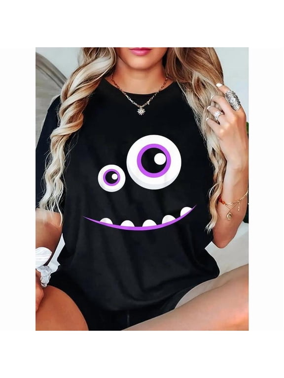 Womens Cute Monster Face Graphic Tees Adorable Cartoon - Themed Print T - shirts Comfortable Short Sleeve Casual Daily Wear Tops Perfect For Cartoon Lovers