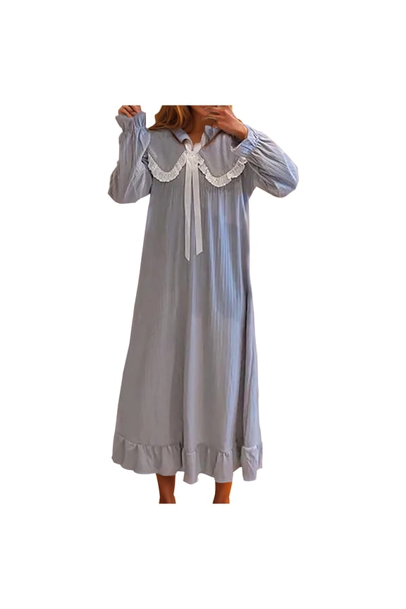 Womens Cute Nightgown Long Sleeve Princess Nightdress Fall Casual Cozy Lace Trim Pullover Sleepdress Loungewear