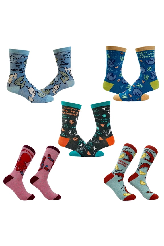 Womens Cute Ocean Animals Socks Bundle 5 Pack Socks With Funny Graphics for Ladies