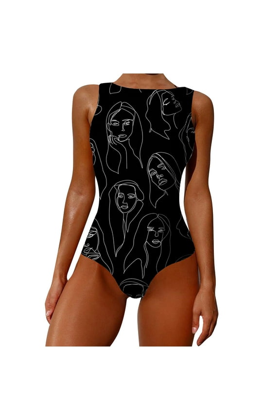 Womens Cute One Piece Swimsuit y2k Graffiti Abstract Print Bathing Suit High Neck Backless Monokini Swimwear