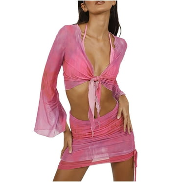 Womens Cute Outfits Crossover V Neck Long Sleeve Tops, Wrap Mini Skirts Tie Dye Prom Club Summer Two Piece Sets