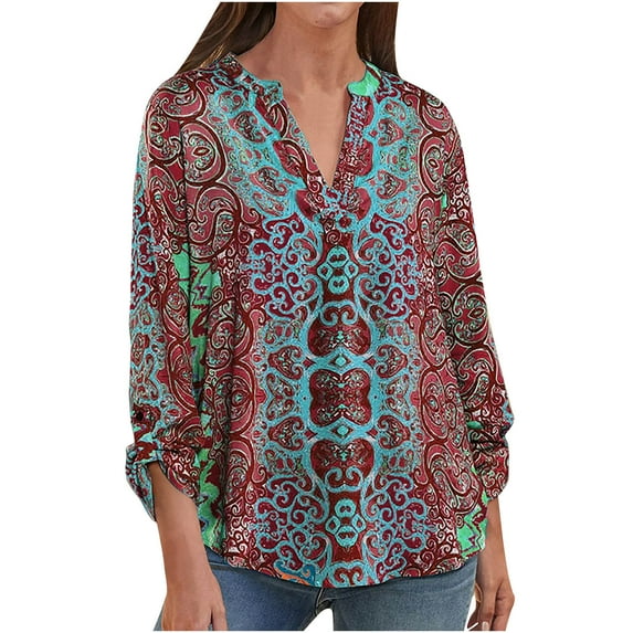 Womens Cute Paisley Print Blouse Casual Long Sleeve V Neck Boho Shirts Dressy Workout Vintage Tops Comfy Tshirts