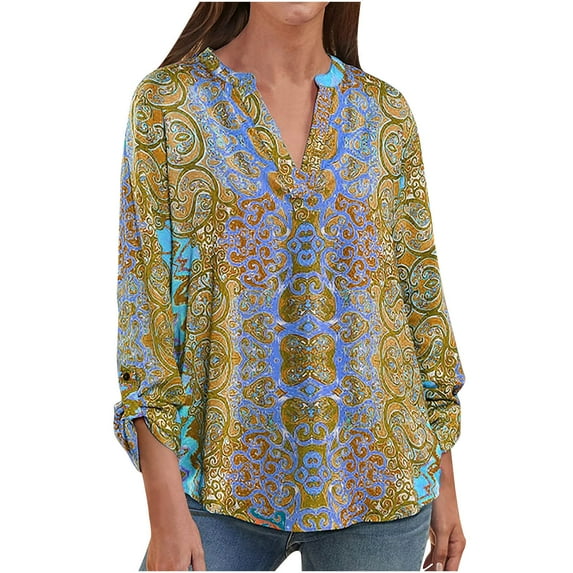 Womens Cute Paisley Print Blouse Casual Long Sleeve V Neck Boho Shirts Dressy Workout Vintage Tops Comfy Tshirts