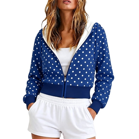 Womens Cute Polka Dot Hoodie Y2k Zip Up Hoodies Jackets Fleece Cropped Sweatshirt Hooded Fall Tops