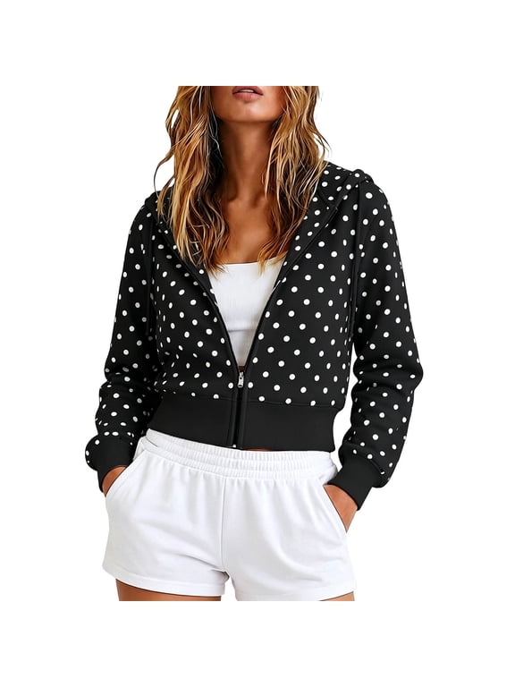 Womens Cute Polka Dot Hoodie Y2k Zip Up Hoodies Jackets Fleece Cropped Sweatshirt Hooded Fall Tops