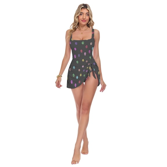 Womens Cute Polka Dot Pattern Print 2-in-1 Swim Dress Detachable Skirt One-Piece Swimsuit Square Neck S-XXL