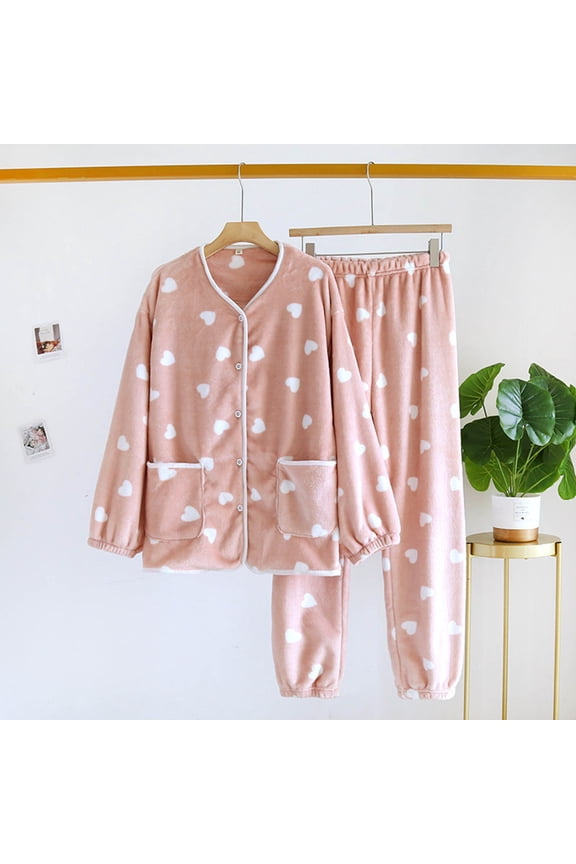 Womens Cute Printed Pajama Sets, Long Sleeve Button Coat with Pockets Wide Leg Pants Sleepwear Soft Warm Flannel Fleece Loungewear Suits L