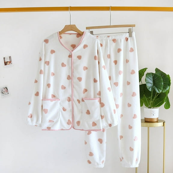 Womens Cute Printed Pajama Sets, Long Sleeve Button Coat with Pockets Wide Leg Pants Sleepwear Soft Warm Flannel Fleece Loungewear Suits White M