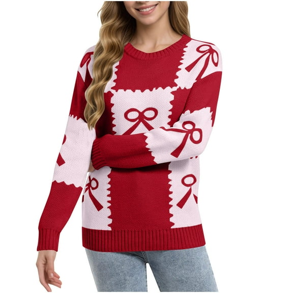 Womens Cute Pullover Sweaters Bow Crewneck Long Sleeve Sweater Knitwear Fall Winter Casual Tops, S Red
