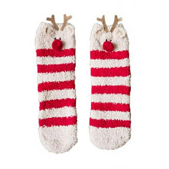Womens Cute Red Striped Elk Soft Warm Plush Cozy Slipper Socks for Winter Indoor Warm, Multi Color - Pack of 2