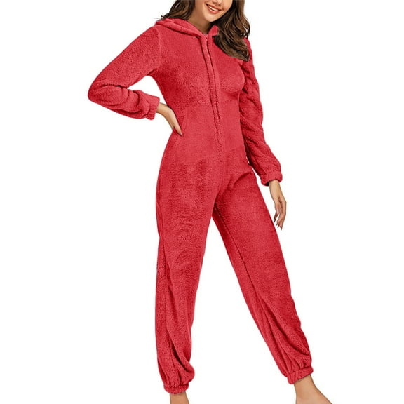 Womens Cute Sherpa Romper Fleece Onesie Pajama One Piece Zipper Funny Bear Ear Hooded Jumpsuit Sleepwear Playsuit (L, Watermelon Red)