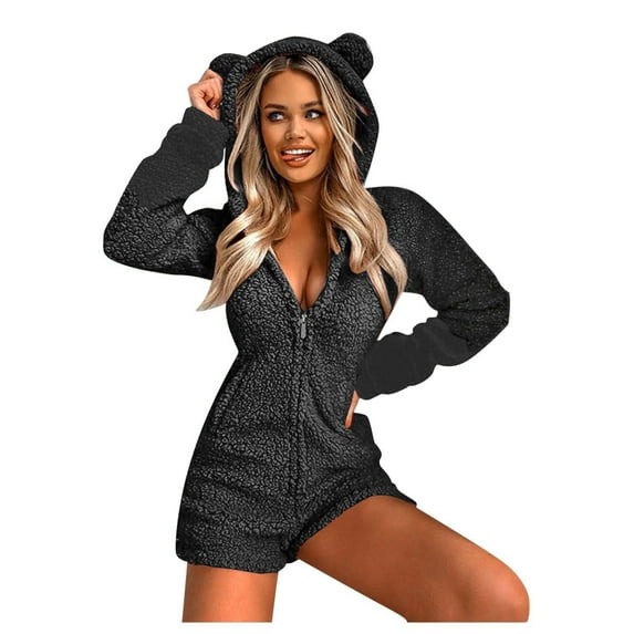 Womens Cute Sherpa Romper Fleece Onesie Pajama One Piece Zipper Short Hooded Jumpsuit Sleepwear Playsuit