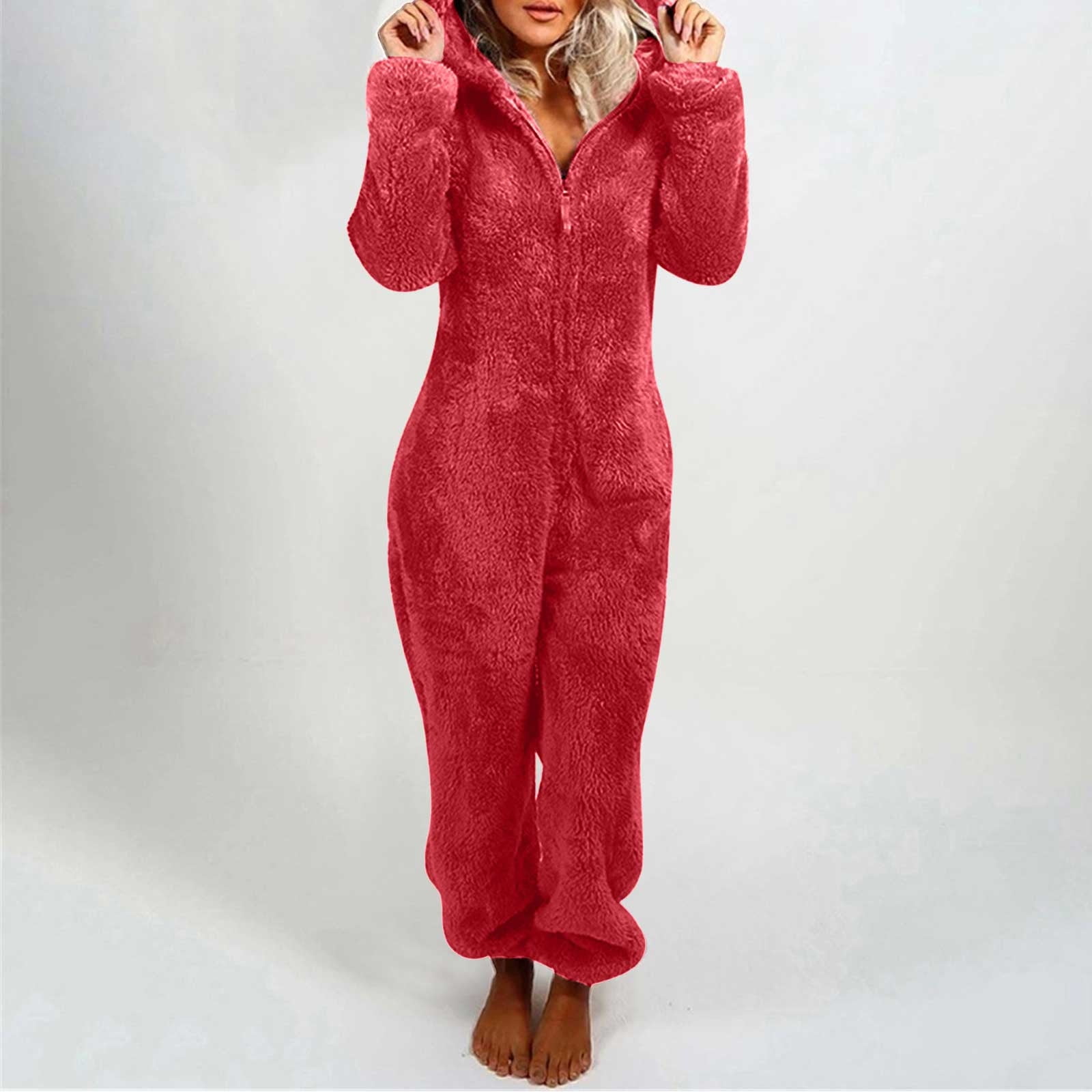 Womens Cute Sherpa Romper Fleece Onesie Pajama,Women Onesies Fluffy Fleece Jumpsuits Sleepwear Plus Size Hood Sets Contrast Color Pajamas for Adult Winter Warm Pajamas Homewear