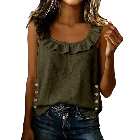 Womens Cute Sleeveless Tank Tops Ruffle Strap Crew Neck Blouse Cotton Linen Solid Color Camisole Dressy Outfits