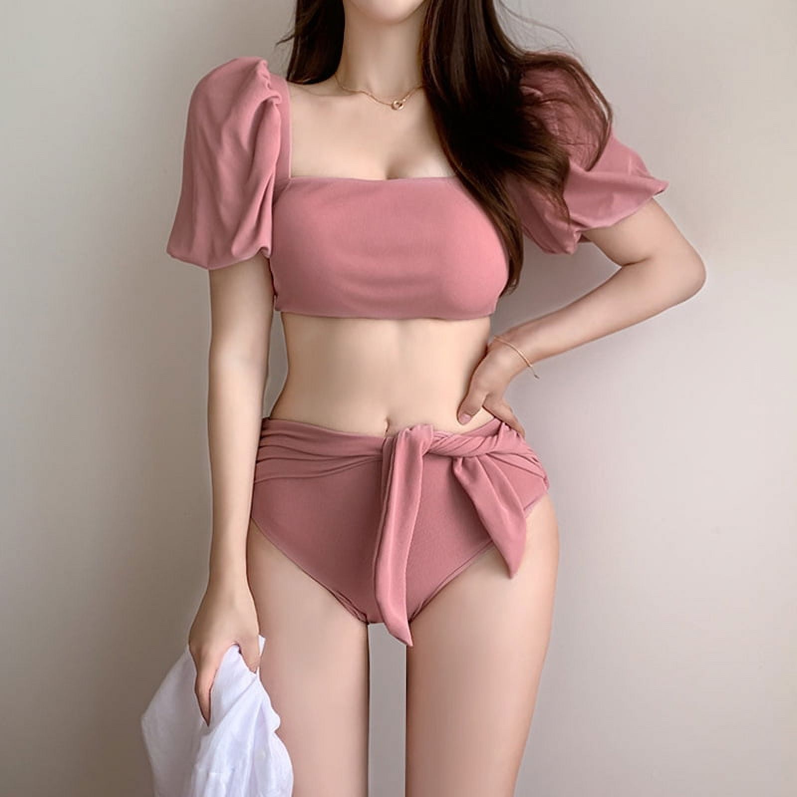 Womens Cute Solid Bubble Sleeves High Waisted Two Piece Slim Tank Top Women s Slim Strap Sexy Split Bikini Strap Korean Open Back Style Women s Swimwear Walmart