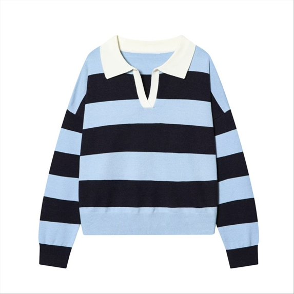 Womens Cute Striped Knit Sweater V Neck Colorblock Polo Collar Pullover Sweatshirts (Black M)