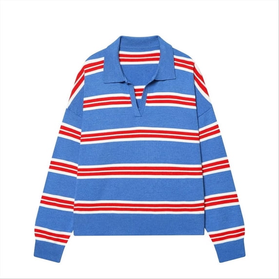 Womens Cute Striped Knit Sweater V Neck Colorblock Polo Collar Pullover Sweatshirts (Blue L)
