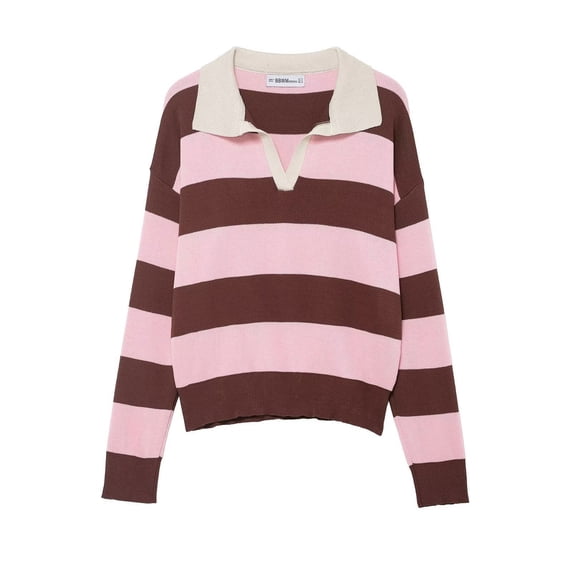 Womens Cute Striped Knit Sweater V Neck Colorblock Polo Collar Pullover Sweatshirts (Pink L)
