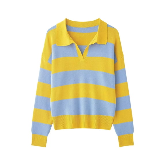 Womens Cute Striped Knit Sweater V Neck Colorblock Polo Collar Pullover Sweatshirts (Sky Blue S)