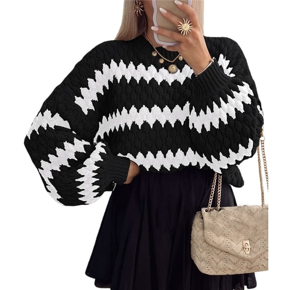 Womens Cute Sweaters Trendy Color Block Pullover Sweater Cable Knit Jumper Tops Black XL