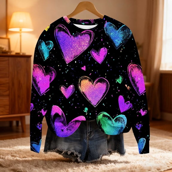 Womens Cute Sweatshirts Plus Size Valentines Day Tops Love Hearts Print Crewneck Casual Loose Graphic Pullovers (XL, Black 02)