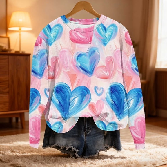 Womens Cute Sweatshirts Plus Size Valentines Day Tops Love Hearts Print Crewneck Casual Loose Graphic Pullovers (XL, Light Blue)