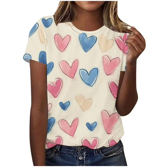 Womens Cute T-shirts with Love Heart Prints Loose Fit Valentines Holiday Casual Tees Plus Size Crew Neck Tops (2XL, Beige)