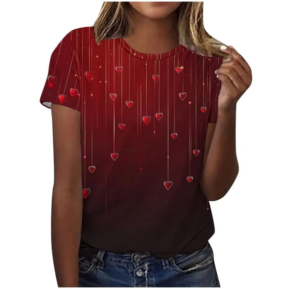 Womens Cute T-shirts with Love Heart Prints Loose Fit Valentines Holiday Casual Tees Plus Size Crew Neck Tops (M, Red #01)
