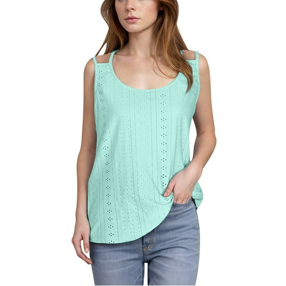 Womens Cute Tank Tops Eyelet Sleeveless Spaghetti Strap Scoop Neck Loose Casual 2025 Summer Beach Vacation Flowy Shirts