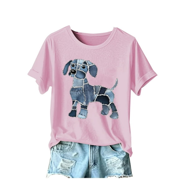 Womens Cute Tops Fashion 3D Teddy Dog Printed Short Sleeves Classic Crewneck Loose Comfy Stretchy Casual T-Shirts Style003 Pink X-Large