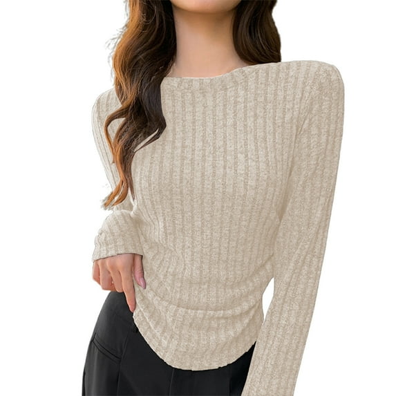Womens Cute Tops Long Sleeve Crewneck Ribbed Knit Beige Thermal Tops for Women Warm Tops for Women Fall Clothes Women