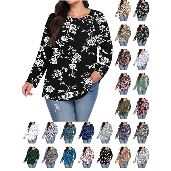 Womens Cute Tops Women Plus Size Round Neck Long Sleeves Loose Fashion Tops Black L