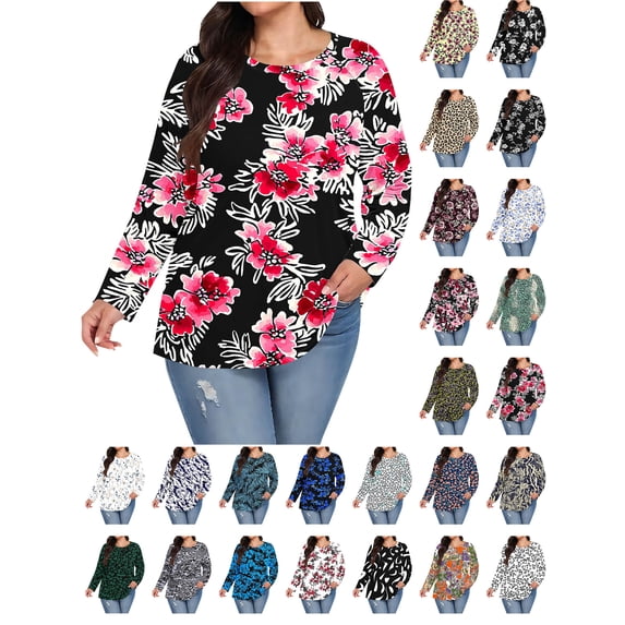 Womens Cute Tops Women Plus Size Round Neck Long Sleeves Loose Fashion Tops Black XL