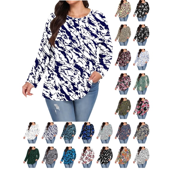 Womens Cute Tops Women Plus Size Round Neck Long Sleeves Loose Fashion Tops White S