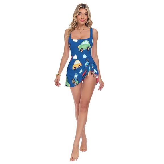Womens Cute Truck Pattern Print 2-in-1 Swim Dress Detachable Skirt One-Piece Swimsuit Square Neck S-XXL