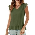 thumbnail image 1 of Womens Cute V Neck Ruffle Sleeveless Shirts Elegant Tank Tops Blouses Pleated Hem Casual Solid Color Tees Army Green, 1 of 5
