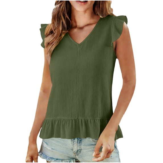 Womens Cute V Neck Ruffle Sleeveless Shirts Elegant Tank Tops Blouses Pleated Hem Casual Solid Color Tees Army Green