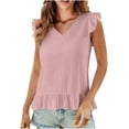 thumbnail image 1 of Womens Cute V Neck Ruffle Sleeveless Shirts Elegant Tank Tops Blouses Pleated Hem Casual Solid Color Tees Pink, 1 of 5