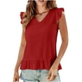 thumbnail image 1 of Womens Cute V Neck Ruffle Sleeveless Shirts Elegant Tank Tops Blouses Pleated Hem Casual Solid Color Tees Red, 1 of 5